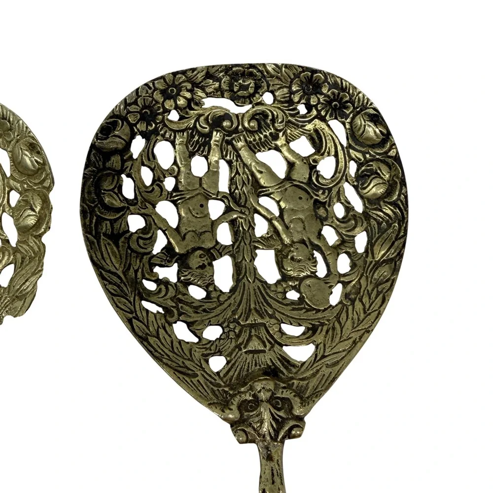 Vintage Pair‎ Italian Brass Pierced Serving Spoons 10in Ornate Baroque